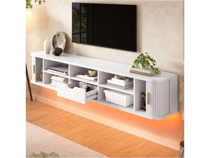 COVREO Meuble TV mural 175 cm blanc en MDF 2 portes coulissantes rainurées tiroir et éclairage LED