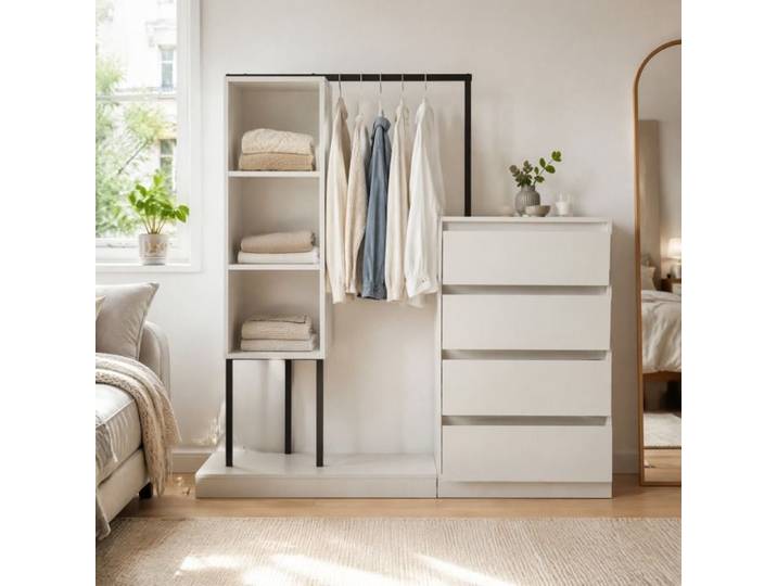 Armoire ouverte penderie VUENOR - 140x40x135 cm blanc et noir – 4 tiroirs et rangement modulé