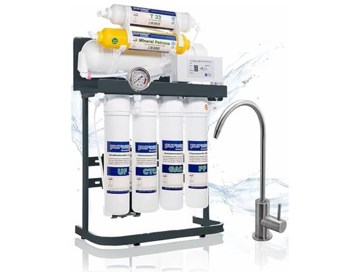 purway® PUR Booster Quick 7 Stufen Direct flow Umkehrosmoseanlage 400 GPD Kompakte Umkehrosmoseanlage mit Trinkwasserfilter und Osmose Wasserfilter für die ganze Familie
