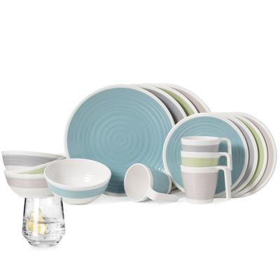 Moritz Melamin Geschirr-Set 4 Personen Harmonie 16 Teilig + Milano Gläser Wassergläser Tafelgeschirr Picknick BBQ Kochgeschirr