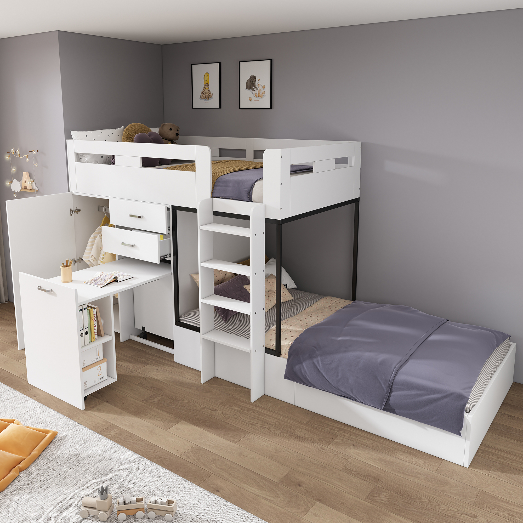Sweiko Etagenbett mit Ausziehbarer Schreibtisch und Garderobe, Multifunktionales Kinderbett, Kinderetagenbett, Mit Schublade & Regale & Leitern, Ohne Matratze, 90x200 cm, weiß