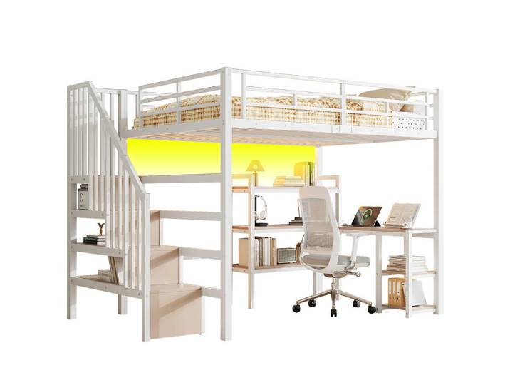 Komhtom Hochbett 140x200 cm, integriertem Schreibtisch, Weiß, Metall, Mode, 140x200 cm, Babymöbel & Kindermöbel, Kinderzimmer & Jugendzimmer, Kinderbetten, Hochbetten