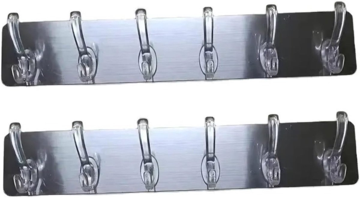 Set van 2 zelfklevende wandstrips met 6 handdoekhaakjes voor badkamer en keuken, zilverkleurig