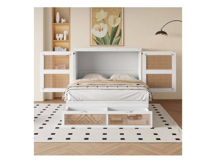 MODFU Schrankbett Murphy Bett mit Rattan Türen (Wandbett mit Schrankfunktion, hohe Belastbarkeit, Ideal für Jugendzimmer und kleine Apartments 140x200 cm) ohne Matratze