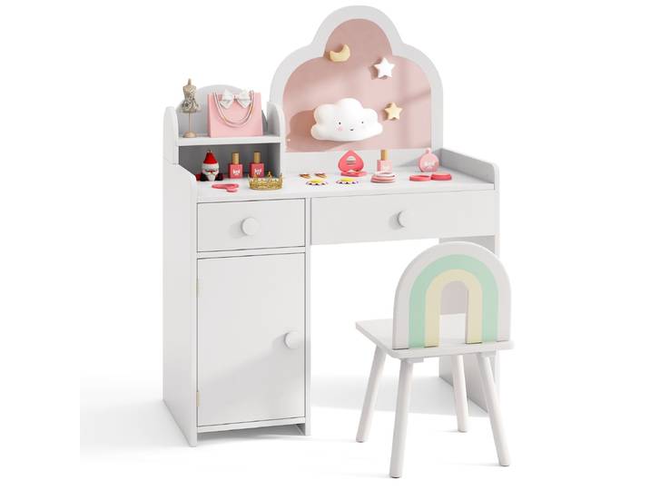 Make-Uptafel voor Kinderen Wolkvormig 2-In-1 Kaptafel met Kruk Houten Kinderkaptafelset met Spiegel Kast en 2 Laden Wit