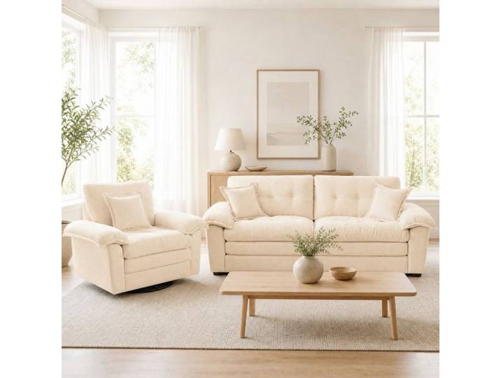 VUENOR Canapé 3 places beige – ensemble 2 pièces en chenille avec coussins