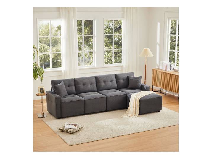 OKWISH Schlafsofa Chenille Ecksofa, mit Schlaffunktion & USB-Anschluss – L-förmiges Sofa mit Stauraum & klappbarem Tisch 1 Teile