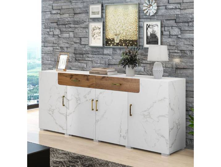 Piaenon - Buffet bas 208x39 5x80 cm avec 4 Portes 2 Tiroirs Blanc Marbre Bois Chêne Style Moderne salon - Blanc