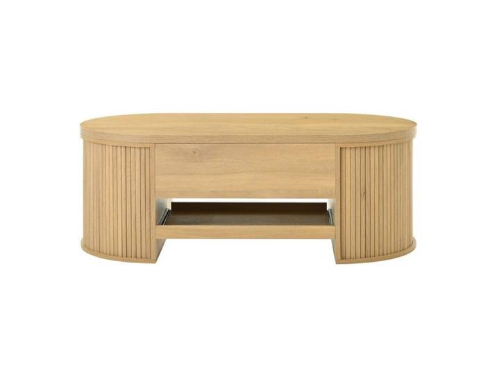 Table basse relevable multifonction - Plateau ajustable & côtés bois courbé - Étagère extensible - Meuble salon design