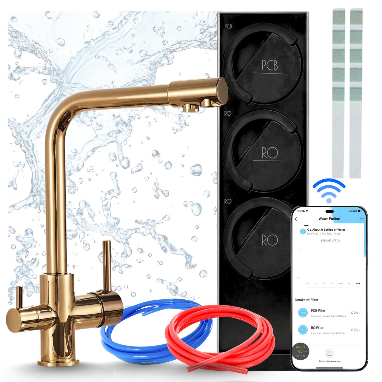 Küchenarmatur Mit Filtersystem Ari, 800 Gpd Umkehrosmoseanlage, Wlan, Gold, Messing, Zweigriffarmatur, Perlator, Keramikkartusche, 360 Grad Schwenkbar