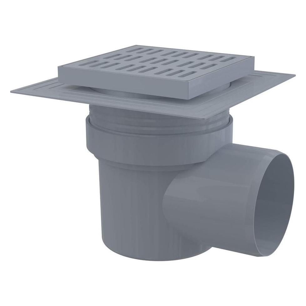 Alcadrain Kratka ściekowa 150×150/110 mm odpływ boczny, kratka szara, dwa poziomy izolacji, syfon mokry (54179045)