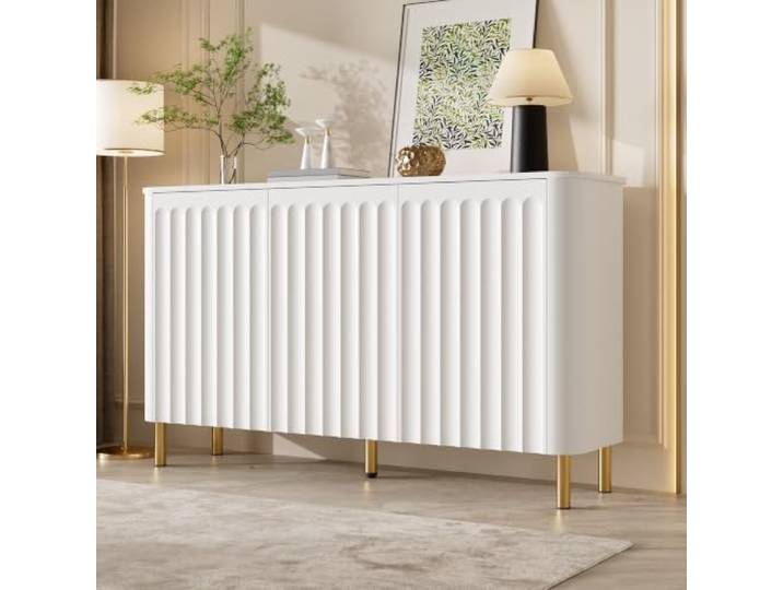Merax Sideboard 135x36x78 cm mit 3 Türen, Säulenrelief & Wellenkante – grifflos, Weiß