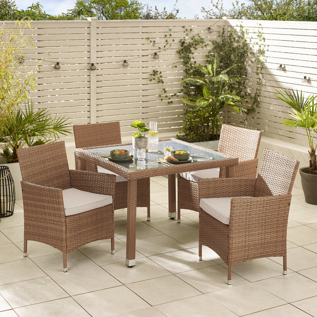 ClassicLiving Amos Modern 4 Seat Outdoor Dining Set - Table & PE Rattan Chairs for Garden & Patio (Cover Included) Natural 4