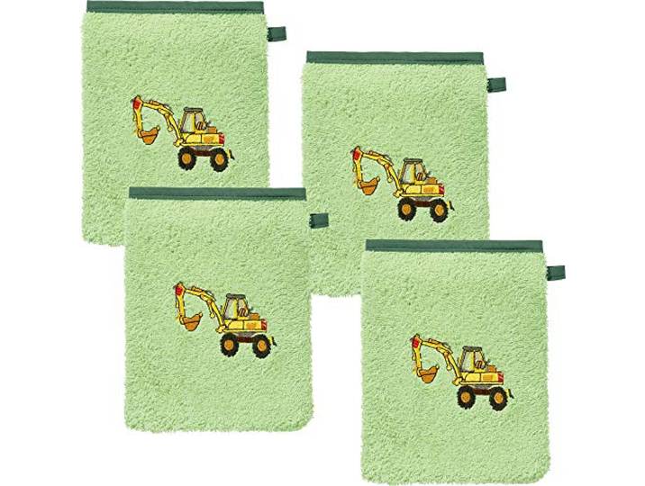 Erwin Müller Kinder-Waschhandschuh, Waschlappen 4er-Pack Traktor, Bagger grün Größe 15x21 cm - 100% Baumwolle, mit hochwertigem Stickmotiv