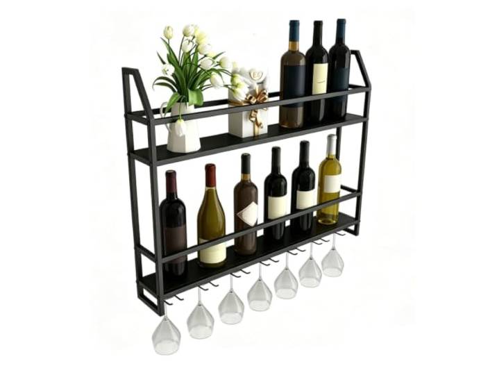 Failjierue Wandmontiertes Weinregal für Flaschen und Kelche Weinflaschendisplay aus Metall, 12 Standard-Weinflaschen und 7 Kelchgläser für Wohnzimmer, Freizeitbars(Black)