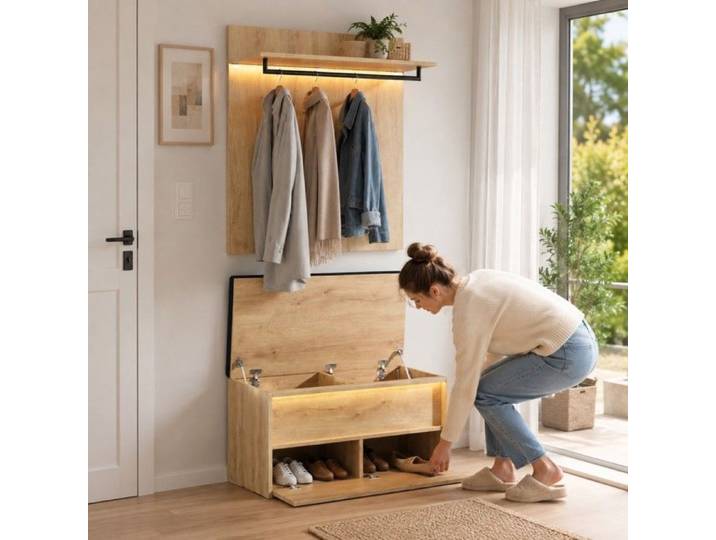 Ensemble porte-manteau mural banc chaussures 90x47x145cm LED coussin tringle rangement entrée chêne anthracite