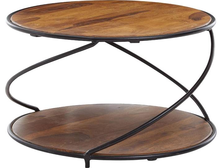 Wohnling Couchtisch Rund Sheesham Massivholz Metall 58x58x35cm Modern mit Stauraum
