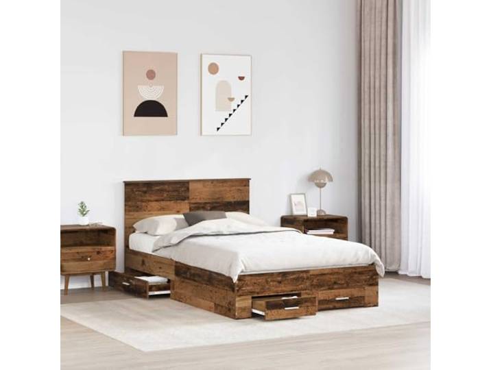 SKTQYQO Bettgestell mit Kopfteil, Altholz, 120 x 190 cm Mit Schubladen, mehrschichtig, Lattenrostrahmen, silberfarbene Griffe, einfache Reinigung