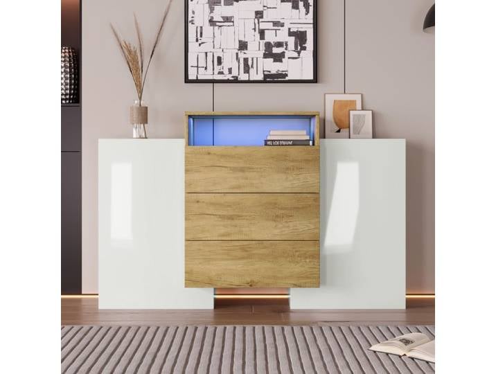 Feuille épaissie Panneaux latéraux commode moderne armoire 140cm blanc brillant et bois effet LED multicolore. Solution de ran