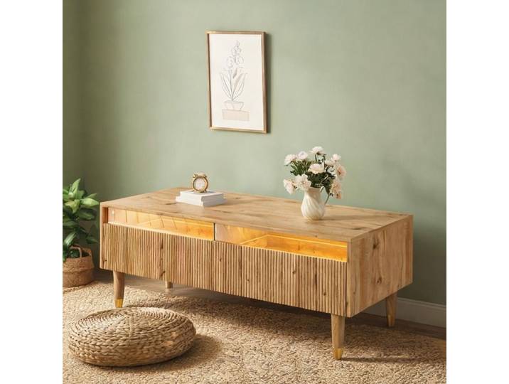 Table basse LED rectangulaire 110x50x40 cm MDF finition bois éclairage multicolore et 2 tiroirs