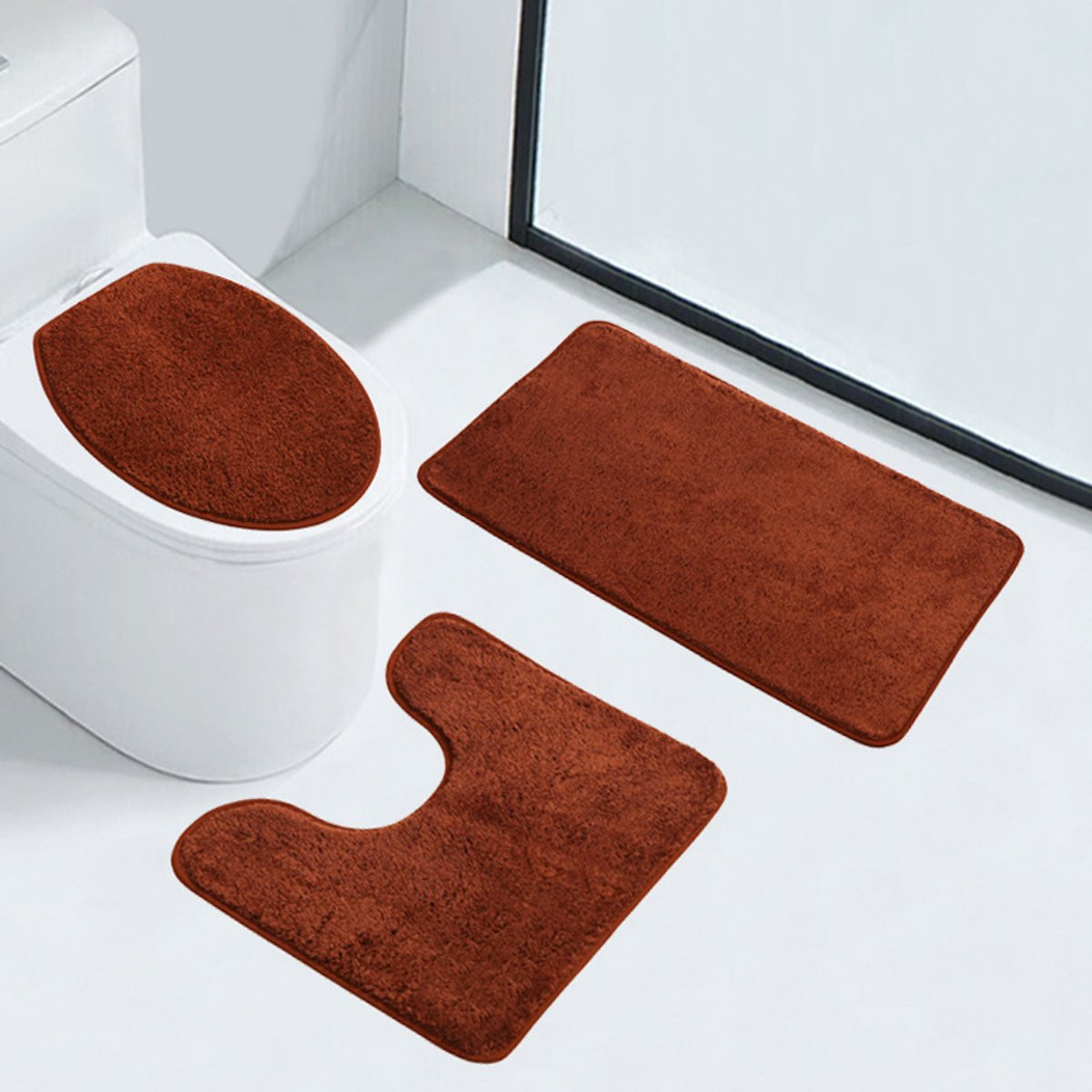 Set van drie waterabsorberende antislipmatten voor badkamer en toilet, bruin