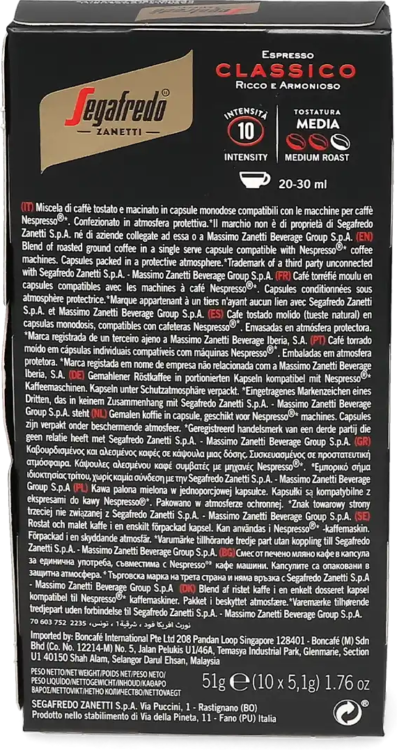 Segafredo   Espresso Classico - 10 Capsules de café pour Nespresso® - Espresso - Compatible Nespresso®