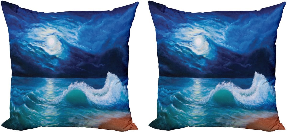 ABAKUHAUS Set van 2 Oceaan Sierkussenhoezen, Mondschein über Gewelltes Zee, Modern Accent met Dubbelzijdige Digitale Print, Wit, 45 x 45 cm