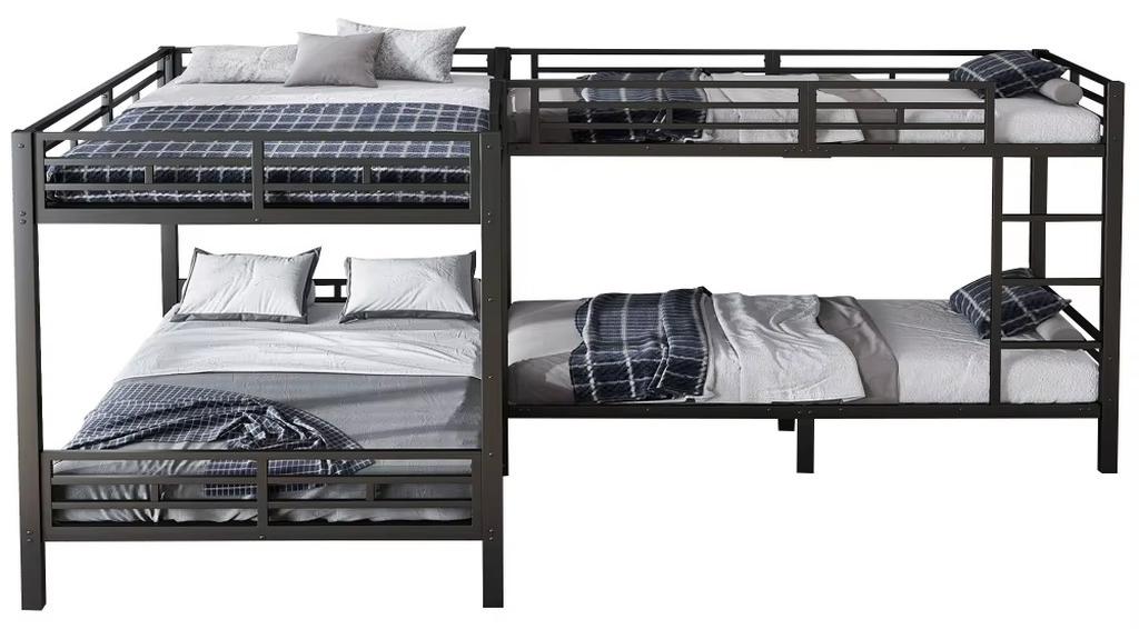 Etagenbett aus Metall und Holz - Doppelstockbett - Schwarz - Matratzengrößen 90x200 und 140x200 cm - Dreistufige Leiter - Sicherheitsgitter - Stabile Lattenroste