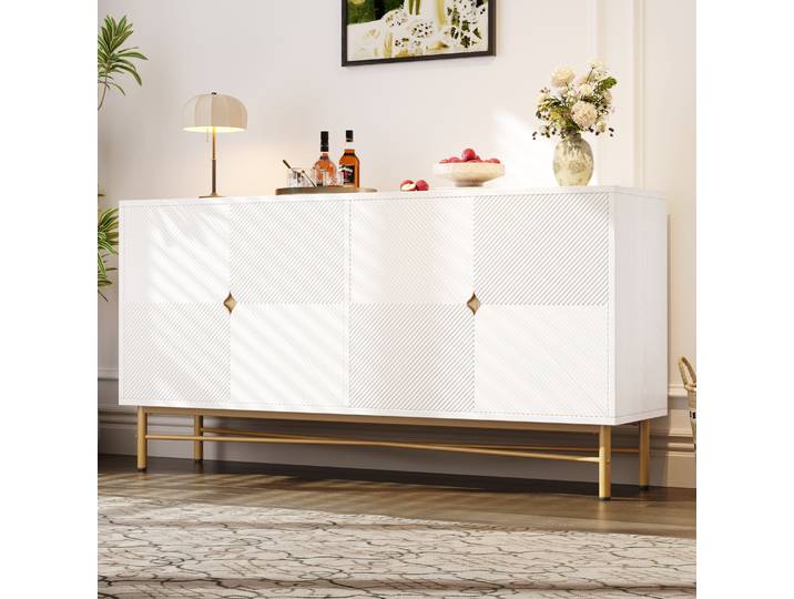 Buffet 160 cm blanc laqué brillant, structure en bois de luxe et poignées dorées, 4 portes à fermeture amortie, design moderne