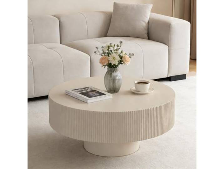 RZTPYS Runder Geriffelter Couchtisch Aus Modernem Holz, Beige D78,5 cm Handgefertigtes Relief-Furnier, Stabiler Sockel Für Wohnzimmer, Wohnung, Büro Und Kleine Räume