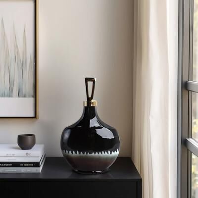 Sagebrook Home Decorative Bottle - Black Metal Topper Brass Trim, 20 in.