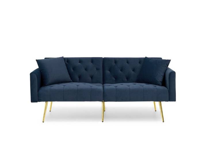 ELVORIN Canapé convertible 2 places velours bleu dossier réglable 3 positions coussins inclus pieds en métal doré