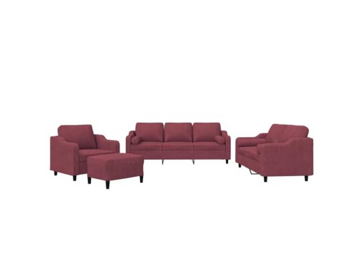 Todiikf 4-TLG Sofagarnitur mit Kissen Couch-Set Weinrot Stoff Polstermöbel Elegant verarbeitete Polstergruppe für Wohnzimmer und Büro, inklusive bequemer Rollkissen und vielseitig nutzbarem Hocker.