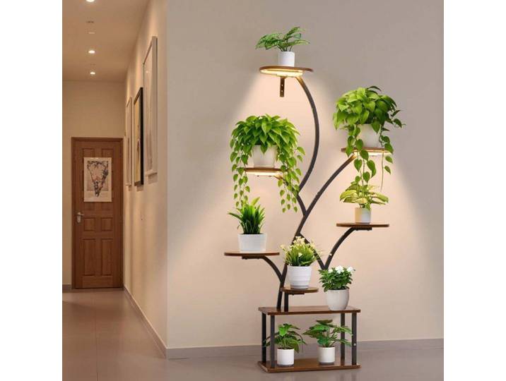 Support Plantes Intérieur avec Lampe Croissance Étagère 8 Niveaux Métal Minuterie 3 Réglages Meuble Présentoir Fleurs pour Salon