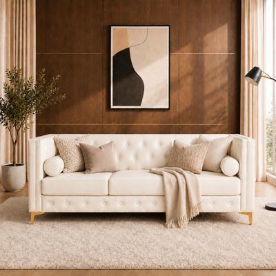 Loedds 78.75-Inch 3-Seat Faux Leather Sofa with Tufted Back & Pillows & Side Pockets