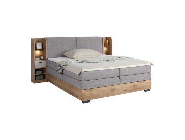 Mid.you Boxspringbett, Eichefarben, Hellgrau, Kunststoff, H2, 7-Zonen, 180x200 cm, Bettkasten, gepolstertes Kopfteil, Beleuchtung, Topper durchgehend, Schlafzimmer, Bett, Doppelbetten