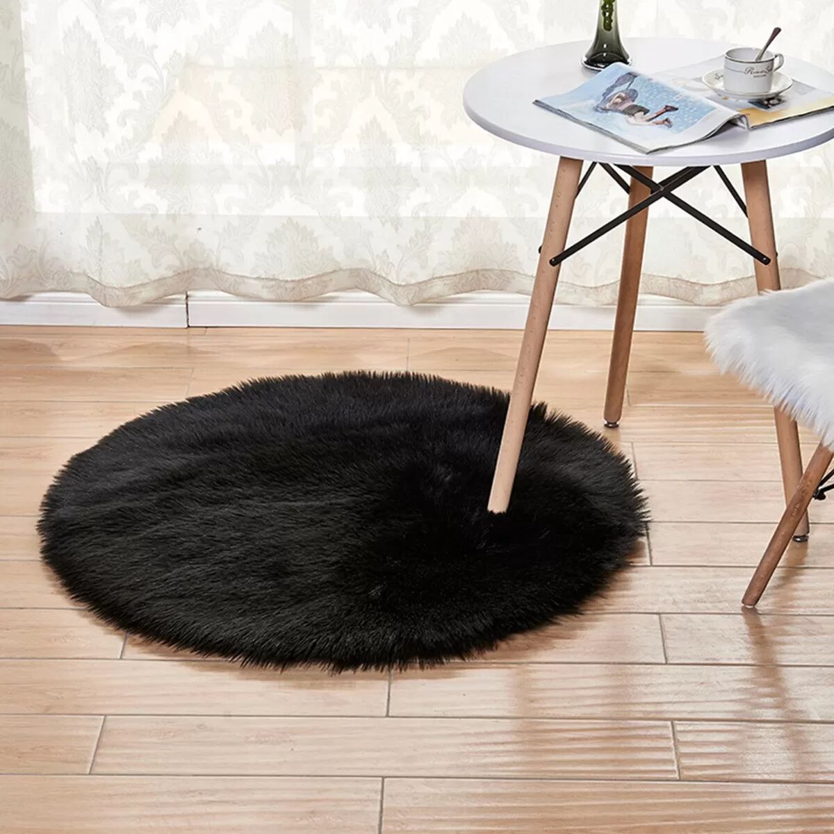 INF Runder Kunstwoll-Shag-Teppich - Schwarz, fusselfrei, hochdicht, 5-6cm Flor, 30x30cm & 50x50cm Groß