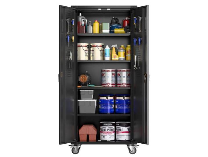 Armoire rangement métal roulettes verrouillable 72in pegboard noir