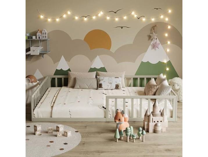 Vitalispa Kinderbett Minno , Greige 140x200 mit Matratze, mit Rausfallschutz und niedriger Einstiegshöhe