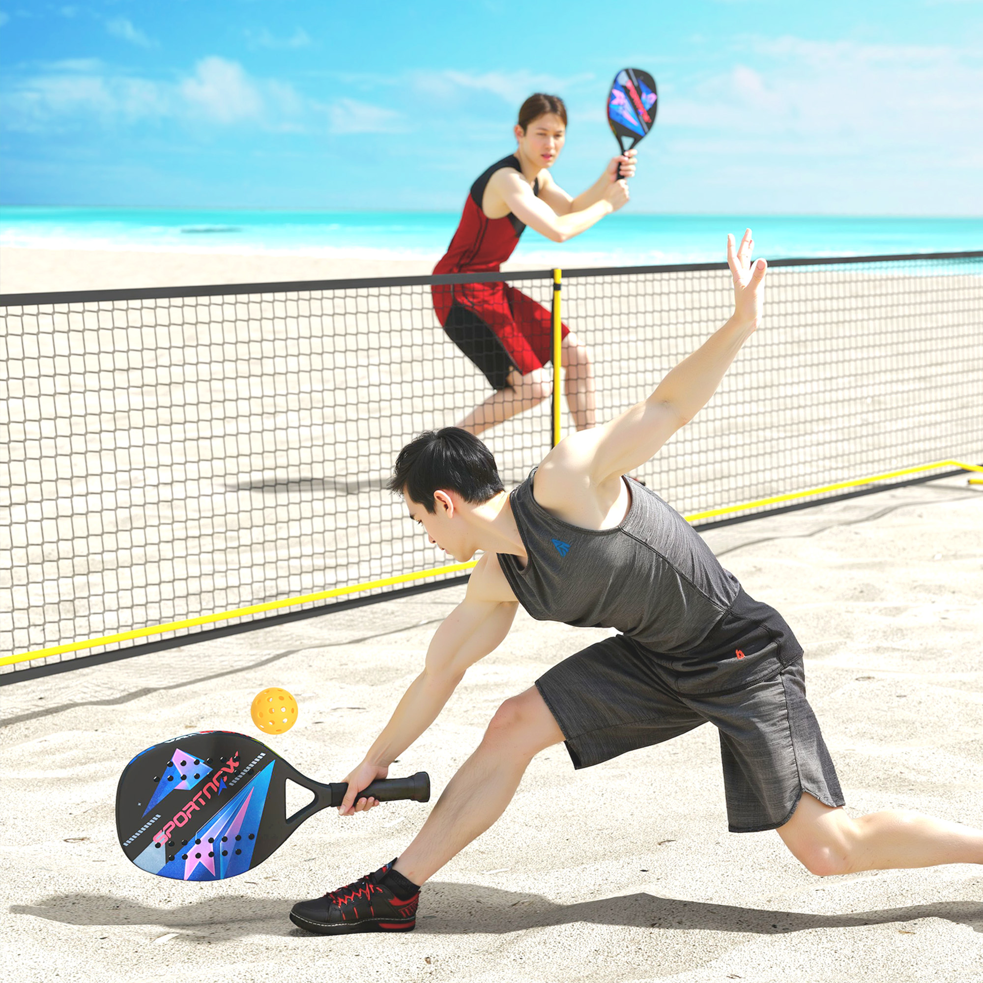 Sportnow Set di racchette da beach tennis, manico antiscivolo, fibra di carbonio, Nero