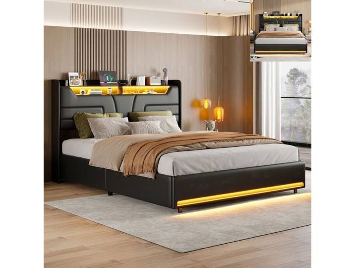 Lit 140x200 cm - LED - USB - tissu en PU - cadre de lit adulte - lit adulte 140x200 cm - 140x200 cm - Noir
