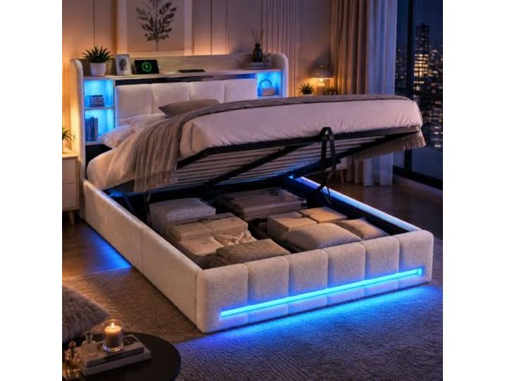 Jugendbett 160x200 mit Hydraulisch Stauraum,LED & USB,Teddystoff-Beige Polsterbett 160x200 mit Staufach-Kopfteil,LED Bett 160x200 mit Bettkasten & Lattenrost,Stauraumbett Bettgestell,ohne Matratze