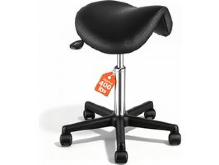 VEVOR Sattelhocker mit Rädern, 181 kg Gewichtskapazität, Ergonomischer Rollsattelhocker, Höhenverstellbar, Verdicktes PU-Leder, Drehsattelhocker, Stuhl für Salon, Spa, Klinik, Schwarz