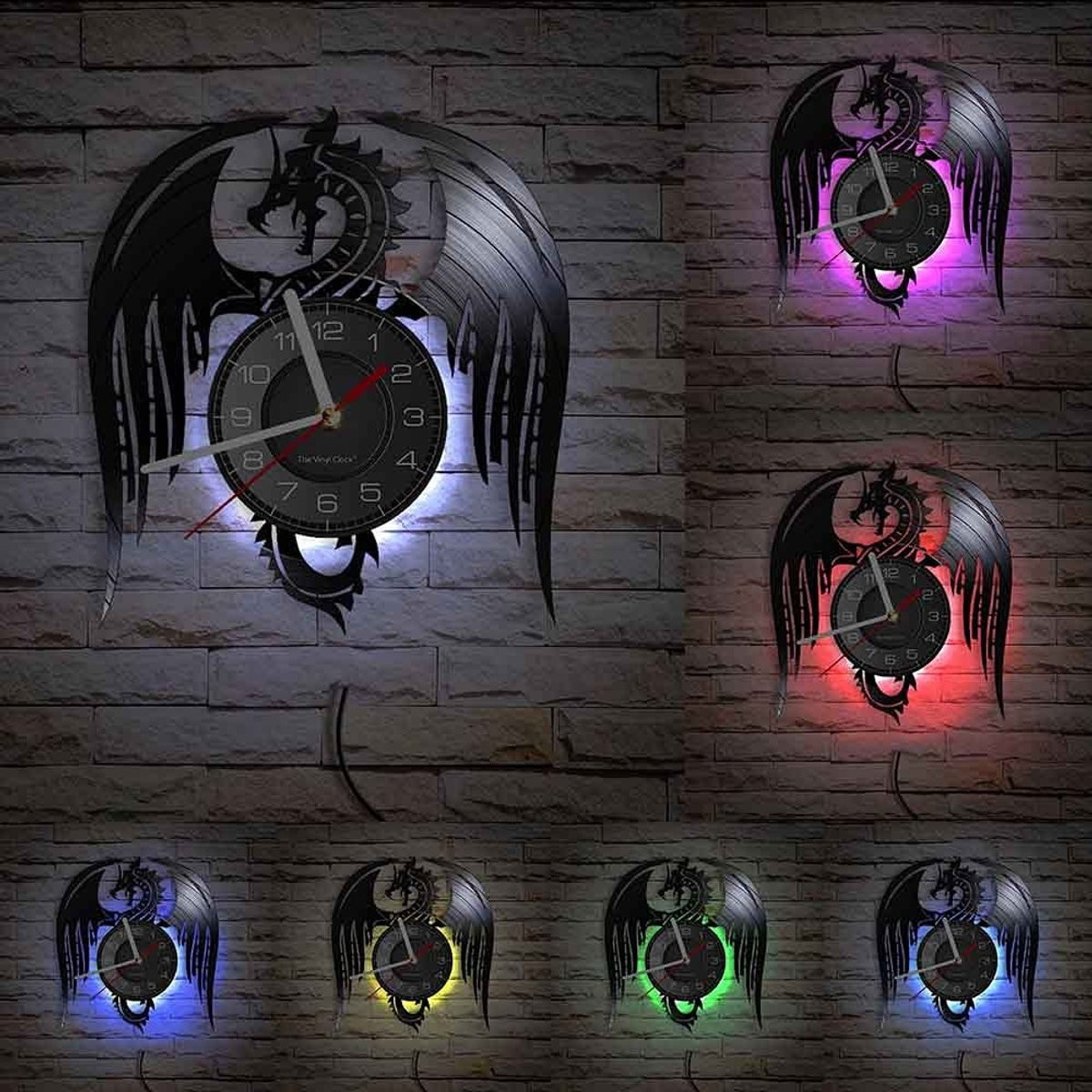 Omgoods Vinyl Wandklok Mythical Beast Vliegende Draak met LED Nachtlampfunctie