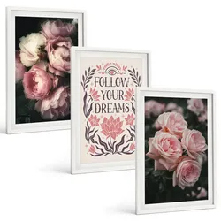 BILDER SET 3er Set - 40x60 cm Weißer Rahmen - Vintage-Rosenträume-Inschrift