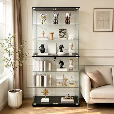 Kodotan sofa Glass Display Cabinet with 6-Shelf Double Doors and Lock, Clear Tempered Glass Floor Standing Bookshelf