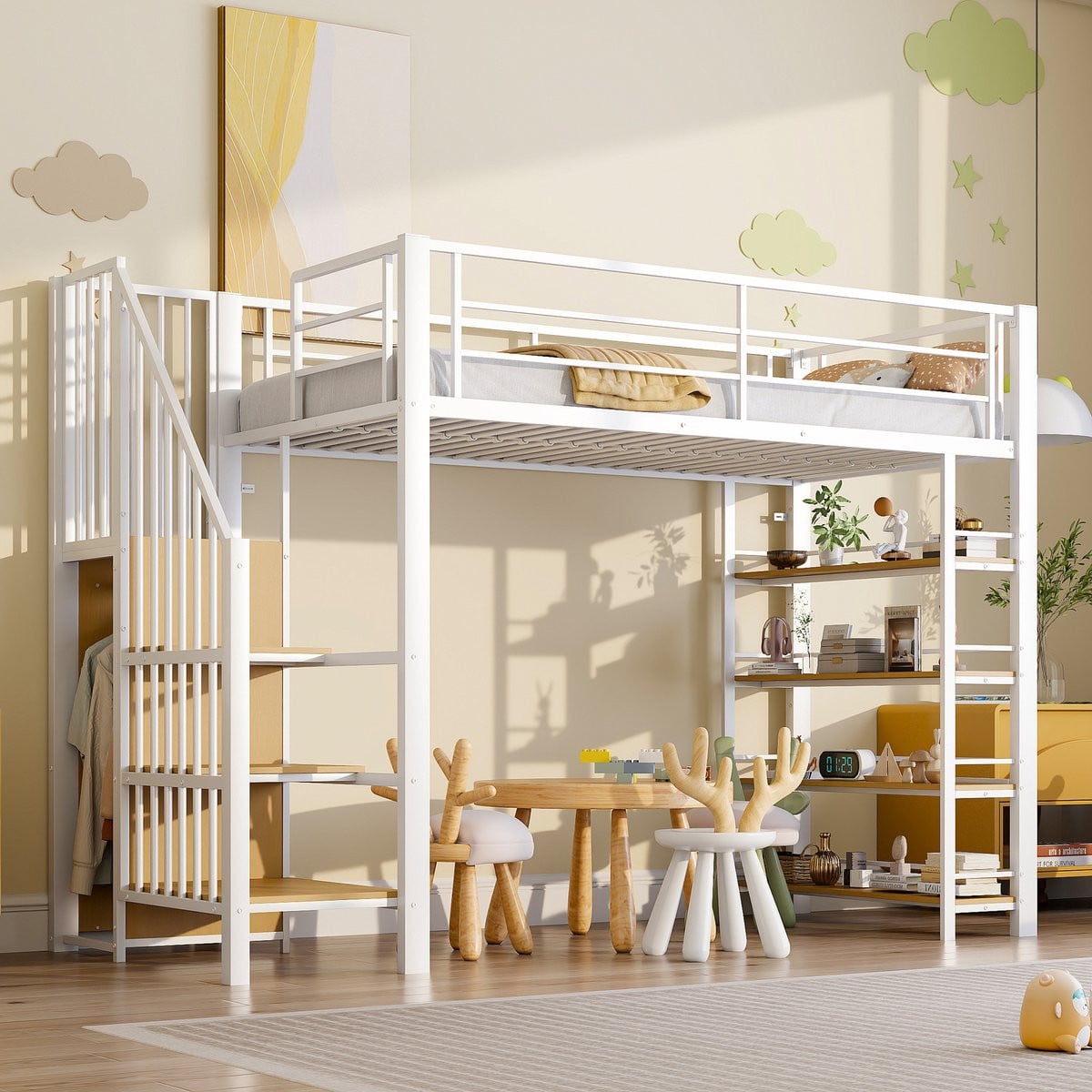 OKWISH Hoogslaper met Garderobe en Regalen, Wit, 90 x 200 cm