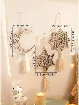 Uplift Picks Wooden Ramadan Hanging Ornaments Eid Mubarak Moon Tassel Decor 3 Pcs