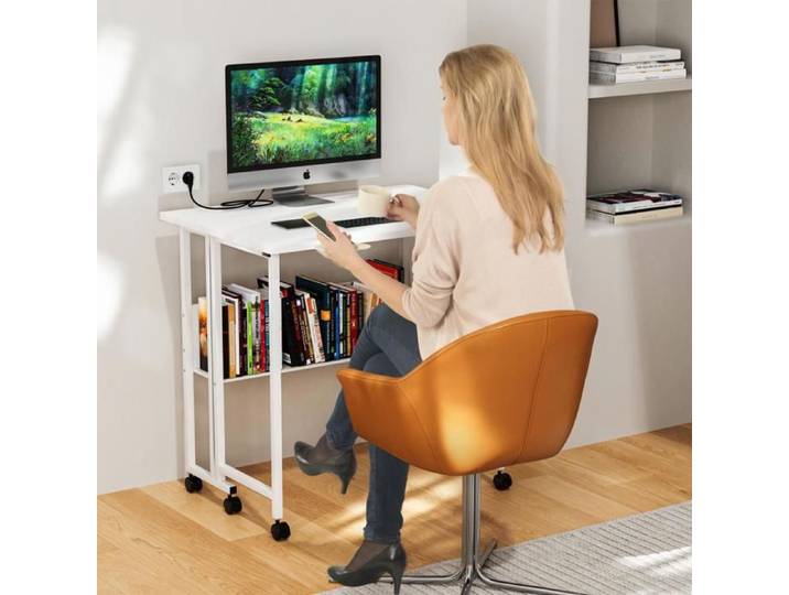TABLE SIMPLE RÉGLABLE AVEC ÉTAGÈRE ET ROULETTES - YIYI - 80X58X75CM - BLANC