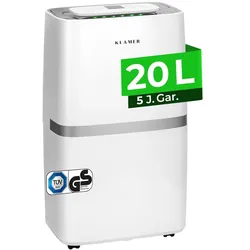 KLAMER Luftentfeuchter elektrisch 20L, 195m3 Luftumwälzung pro Stunde, 420W starker Raumentfeuchter, Entfeuchter mit bis zu 5,5 Liter Fassungsvermögen